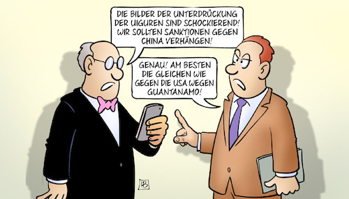 Cartoon: China und Uiguren (medium) by Harm Bengen tagged bilder,unterdrückung,uiguren,sanktionen,handy,china,usa,guantanamo,harm,bengen,cartoon,karikatur,bilder,unterdrückung,uiguren,sanktionen,handy,china,usa,guantanamo,harm,bengen,cartoon,karikatur