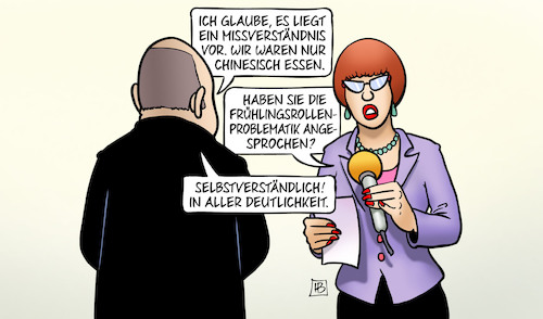 Cartoon: Chinesisch Essen (medium) by Harm Bengen tagged missverständnis,chinesisch,essen,frühlingsrollen,problematik,scholz,xi,reise,besuch,china,interview,harm,bengen,cartoon,karikatur,missverständnis,chinesisch,essen,frühlingsrollen,problematik,scholz,xi,reise,besuch,china,interview,harm,bengen,cartoon,karikatur