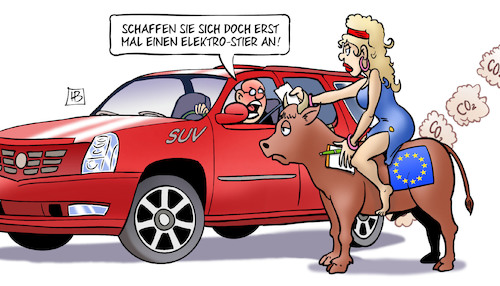 Cartoon: CO2-Vorgaben und EU (medium) by Harm Bengen tagged co2,vorgaben,eu,europa,elektro,stier,grenzwerte,umwelt,klima,harm,bengen,cartoon,karikatur,co2,vorgaben,eu,europa,elektro,stier,grenzwerte,umwelt,klima,harm,bengen,cartoon,karikatur