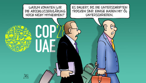 Cartoon: COP28-Abschluss (medium) by Harm Bengen tagged abschlusserklärung,unterschriften,öl,cop28,klimawandel,klimakonferenz,koffer,abreise,harm,bengen,cartoon,karikatur,abschlusserklärung,unterschriften,öl,cop28,klimawandel,klimakonferenz,koffer,abreise,harm,bengen,cartoon,karikatur