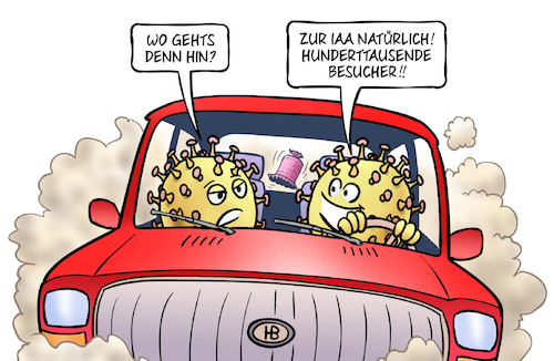 Cartoon: Corona und IAA (medium) by Harm Bengen tagged corona,virus,viren,kfz,iaa,hunderttausende,besucher,infektionen,pandemie,automobilausstellung,harm,bengen,cartoon,karikatur,corona,virus,viren,kfz,iaa,hunderttausende,besucher,infektionen,pandemie,automobilausstellung,harm,bengen,cartoon,karikatur