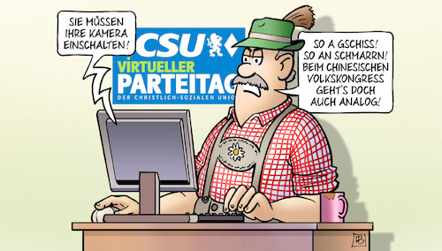 Cartoon: CSU-digital 1 (medium) by Harm Bengen tagged kamera,einschalten,chinesischer,volkskongress,csu,analog,digitaler,parteitag,computer,bayern,corona,coronavirus,ansteckung,pandemie,epidemie,krankheit,schaden,harm,bengen,cartoon,karikatur,kamera,einschalten,chinesischer,volkskongress,csu,analog,digitaler,parteitag,computer,bayern,corona,coronavirus,ansteckung,pandemie,epidemie,krankheit,schaden,harm,bengen,cartoon,karikatur