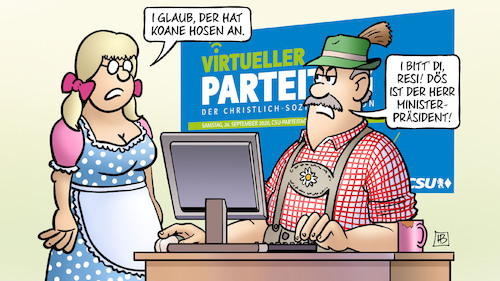 Cartoon: CSU Digitaler PT (medium) by Harm Bengen tagged hosen,bayern,drindl,resi,ministerpräsident,soeder,computer,digitaler,parteitag,csu,homeoffice,harm,bengen,cartoon,karikatur,hosen,bayern,drindl,resi,ministerpräsident,soeder,computer,digitaler,parteitag,csu,homeoffice,harm,bengen,cartoon,karikatur