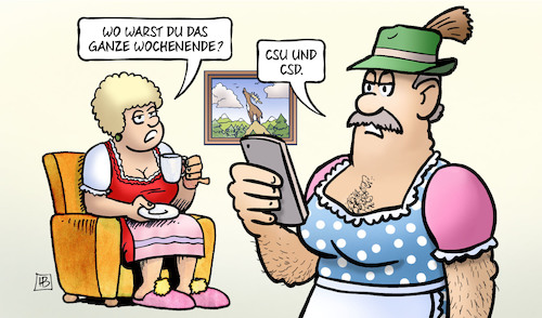 Cartoon: CSU und CSD (medium) by Harm Bengen tagged wochenende,csu,csd,bayern,hirschbild,handy,frauenquote,dirndl,schwul,lgbtq,harm,bengen,cartoon,karikatur,wochenende,csu,csd,bayern,hirschbild,handy,frauenquote,dirndl,schwul,lgbtq,harm,bengen,cartoon,karikatur