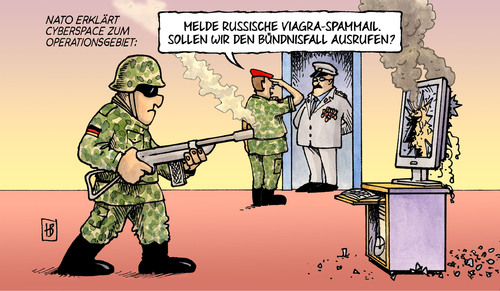 Cartoon: Cyber-Bündnisfall (medium) by Harm Bengen tagged nato,cyberspace,operationsgebiet,internet,email,spammail,bündnisfall,soldaten,armee,harm,bengen,cartoon,karikatur,nato,cyberspace,operationsgebiet,internet,email,viagra,spammail,bündnisfall,soldaten,armee,harm,bengen,cartoon,karikatur