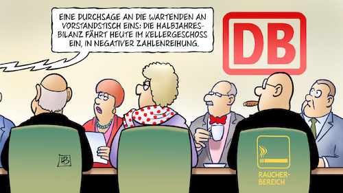 Cartoon: DB-Halbjahresbilanz (medium) by Harm Bengen tagged durchsage,wartende,vorstandstisch,halbjahresbilanz,kellergeschoss,zahlenreihung,db,bahn,verlust,harm,bengen,cartoon,karikatur,durchsage,wartende,vorstandstisch,halbjahresbilanz,kellergeschoss,zahlenreihung,db,bahn,verlust,harm,bengen,cartoon,karikatur