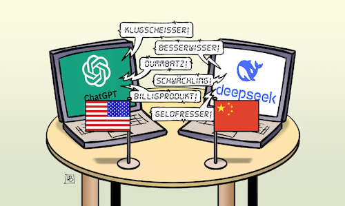 Cartoon: DeepSeek vs. ChatGPT (medium) by Harm Bengen tagged deepseek,chatgpt,usa,china,ki,künstliche,intelligenz,beschimpfungen,konkurrenz,laptops,computer,klugscheisser,besserwisser,dummbatz,schwächling,billigprodukt,geldfresser,harm,bengen,cartoon,karikatur,deepseek,chatgpt,usa,china,ki,künstliche,intelligenz,beschimpfungen,konkurrenz,laptops,computer,klugscheisser,besserwisser,dummbatz,schwächling,billigprodukt,geldfresser,harm,bengen,cartoon,karikatur