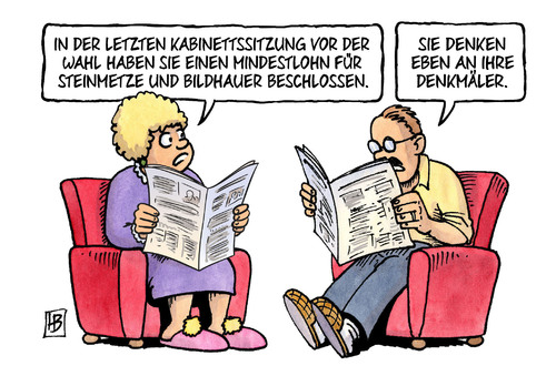 Cartoon: Denkmäler (medium) by Harm Bengen tagged bundeskabinett,kabinettssitzung,mindestlohn,steinmetze,bildhauer,denkmäler,denkmal,bundestag,wahlkampf,wahl,bundestagswahl,harm,bengen,cartoon,karikatur,bundeskabinett,kabinettssitzung,mindestlohn,steinmetze,bildhauer,denkmäler,denkmal,bundestag,wahlkampf,wahl,bundestagswahl,harm,bengen,cartoon,karikatur