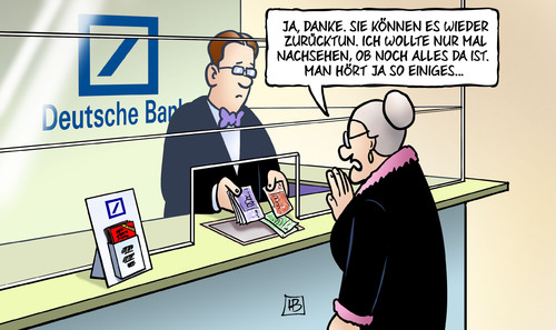 Cartoon: Deutsche Bank Milliardenverlust (medium) by Harm Bengen tagged deutsche,bank,milliardenverlust,milliarden,verlust,investment,geld,fitschen,jain,konto,harm,bengen,cartoon,karikatur,deutsche,bank,milliardenverlust,milliarden,verlust,investment,geld,fitschen,jain,konto,harm,bengen,cartoon,karikatur