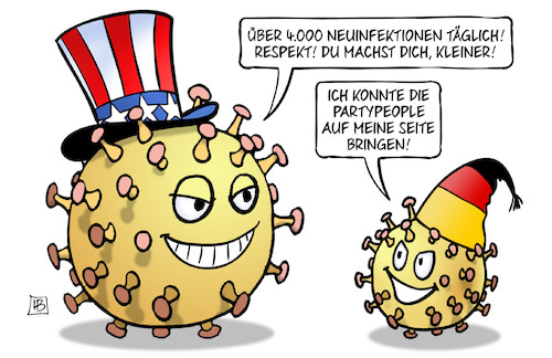 Cartoon: Deutsche Neuinfektionen (medium) by Harm Bengen tagged 4000,neuinfektionen,täglich,corona,virus,usa,deutschland,michel,partypeople,feiern,ansteckung,harm,bengen,cartoon,karikatur,4000,neuinfektionen,täglich,corona,virus,usa,deutschland,michel,partypeople,feiern,ansteckung,harm,bengen,cartoon,karikatur