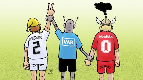 Cartoon: Deutschland-Dänemark (medium) by Harm Bengen tagged deutschland,danmark,dänemark,em,fussball,michel,wikinger,helm,schiedsrichter,var,videoassistent,roboter,harm,bengen,cartoon,karikatur,deutschland,danmark,dänemark,em,fussball,michel,wikinger,helm,schiedsrichter,var,videoassistent,roboter,harm,bengen,cartoon,karikatur