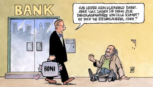 Cartoon: Dienstwagenaffäre (medium) by Harm Bengen tagged dienstwagenaffäre,dienstwagen,affäre,ulla,schmidt,gesundheitsministerin,bank,banker,bonus,boni,bettler,ulla schmidt,dienstwagen,affäre,skandal,gesundheitsministerin,banker,bank,bonus,boni,ulla,schmidt