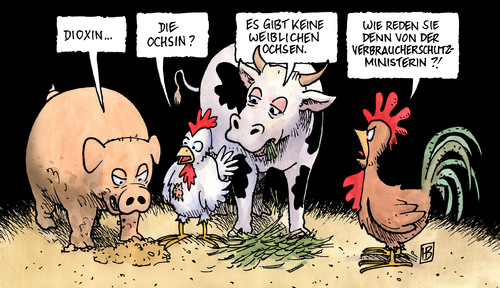 Cartoon: Dioxin (medium) by Harm Bengen tagged dioxin,futtermittel,futter,gift,schwein,huhn,hahn,rind,kuh,ochse,aigner,ilse,landwirtschaft,landwirtschaftsministerin,verbraucherschutz,verbraucherschutzministerin,csu,dioxin,futtermittel,futter,gift,schwein,huhn,hahn,kuh,aigner,landwirtschaftsministerin,verbraucherschutzministerin,verbraucherschutz,csu