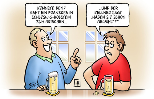 Cartoon: Dreimal Wahl (medium) by Harm Bengen tagged dreimal,wahlen,schleswig,holstein,landtagswahlen,frankreich,stichwahl,griechenland,kellner,lokal,kneipe,essen,trinken,bier,theke,dreimal,landtagswahlen,griechenland,schleswig holstein,schleswig,holstein