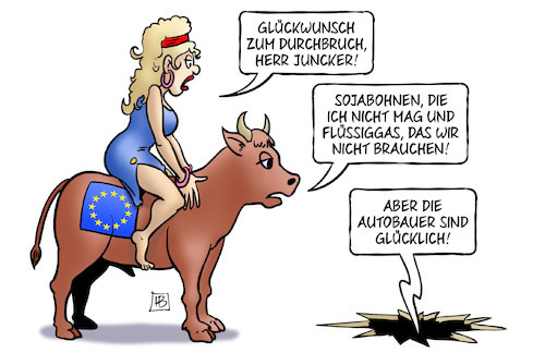 Cartoon: Durchbruch mit Sojabohnen (medium) by Harm Bengen tagged glückwunsch,durchbruch,juncker,sojabohnen,flüssiggas,autobauer,deal,handelskrieg,eu,europa,stier,usa,wirtschaft,zoll,zölle,trump,harm,bengen,cartoon,karikatur,glückwunsch,durchbruch,juncker,sojabohnen,flüssiggas,autobauer,deal,handelskrieg,eu,europa,stier,usa,wirtschaft,zoll,zölle,trump,harm,bengen,cartoon,karikatur