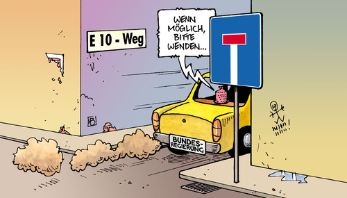 Cartoon: E10 (medium) by Harm Bengen tagged e10,benzin,super,bundesregierung,bioethanol,bio,sackgasse,auto,kfz,tanken,tankstelle,weg,klorolle,merkel,röttgen,natur,umwelt,sprit,benzingipfel,brüderle,e10,benzin,super,bundesregierung,sackgasse,bio,auto,kfz,tanken,tankstelle,merkel,röttgen,natur