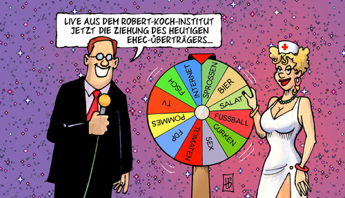 Cartoon: EHEC-Ziehung (medium) by Harm Bengen tagged robert,ziehung,ehec,koch,institut,gesundheitsminister,bahr,verbraucherministerin,aigner,glücksrad,krankenschwester,krankenhaus,infektion,krankheit,durchfall,gemüse,warnung,lebensmittel,forschung,epidemie,tod,tot,ehec,ziehung,robert koch,gesundheitsminister,bahr,verbraucherministerin,krankenschwester,krankenhaus,glücksrad,robert,koch