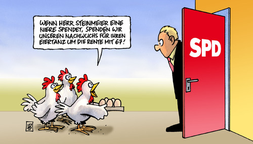 Cartoon: Eiertanz um Rente mit 67 (medium) by Harm Bengen tagged eiertanz,rente,67,spd,diskussion,verschiebung,aufhebung,aussetzung,steinmeier,gabriel,nahles,spenden,huhn,hühner,eier,ei,rente,67,spd,diskussion,verschiebung,aufhebung,aussetzung,steinmeier,gabriel,nahles,rentner,rentenempfänger