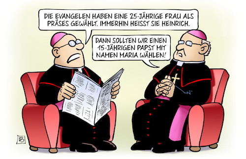 Cartoon: EKD-Präses (medium) by Harm Bengen tagged evangelen,evangelisch,ekd,kirche,katholisch,frau,präses,heinrich,papst,namen,maria,harm,bengen,cartoon,karikatur,evangelen,evangelisch,ekd,kirche,katholisch,frau,präses,heinrich,papst,namen,maria,harm,bengen,cartoon,karikatur