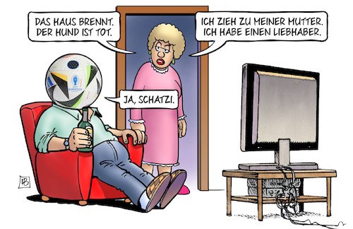 Cartoon: EM-Auftakt 2024 (medium) by Harm Bengen tagged mutter,liebhaber,haus,hund,em,auftakt,fussball,ball,tv,harm,bengen,cartoon,karikatur,mutter,liebhaber,haus,hund,em,auftakt,fussball,ball,tv,harm,bengen,cartoon,karikatur