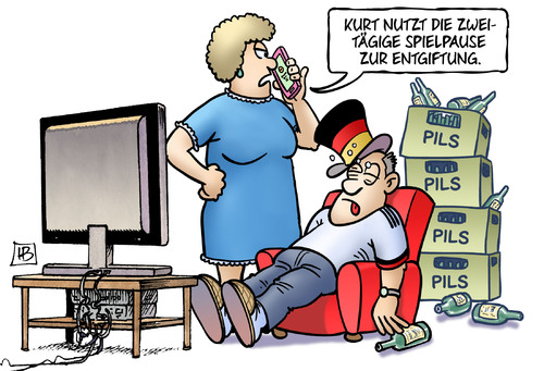 Cartoon: EM-Spielpause (medium) by Harm Bengen tagged spielpause,entgiftung,bier,alkohol,handy,fussball,europameisterschaft,em,tv,harm,bengen,cartoon,karikatur,spielpause,entgiftung,bier,alkohol,handy,fussball,europameisterschaft,em,tv,harm,bengen,cartoon,karikatur