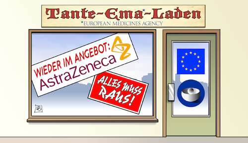 Cartoon: EMA und AstraZeneca (medium) by Harm Bengen tagged tante,emma,laden,ema,arzneimittelzulassung,europa,eu,angebot,alles,muss,raus,astrazeneca,corona,impfstoff,harm,bengen,cartoon,karikatur,tante,emma,laden,ema,arzneimittelzulassung,europa,eu,angebot,alles,muss,raus,astrazeneca,corona,impfstoff,harm,bengen,cartoon,karikatur