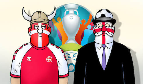 Cartoon: England-Dänemark (medium) by Harm Bengen tagged fußball,england,dänemark,uefa,europameisterschaft,halbfinale,harm,bengen,cartoon,karikatur,fußball,england,dänemark,uefa,europameisterschaft,halbfinale,harm,bengen,cartoon,karikatur