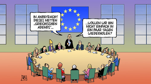 Cartoon: Entscheidung vertagt (medium) by Harm Bengen tagged griechischer,abend,wiederholen,europa,sondergipfel,grexit,troika,institutionen,eu,ezb,iwf,griechenland,pleite,schulden,harm,bengen,cartoon,karikatur,griechischer,abend,wiederholen,europa,sondergipfel,grexit,troika,institutionen,eu,ezb,iwf,griechenland,pleite,schulden,harm,bengen,cartoon,karikatur