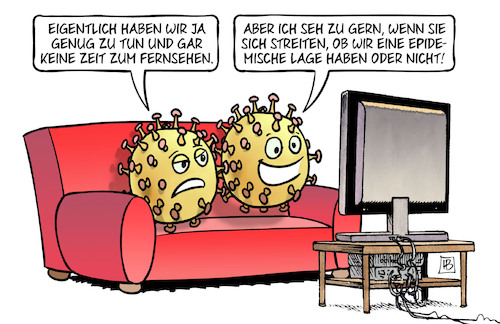 Cartoon: Epid. Lage oder nicht (medium) by Harm Bengen tagged tv,fernsehen,epidemische,lage,corona,bundestag,streit,viren,sofa,harm,bengen,cartoon,karikatur,tv,fernsehen,epidemische,lage,corona,bundestag,streit,viren,sofa,harm,bengen,cartoon,karikatur