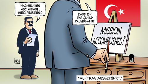 Cartoon: Erdogan und IS (medium) by Harm Bengen tagged mission,accomplished,nachrichten,kobane,kurden,tuerkei,praesident,erdogan,is,schild,militaer,harm,bengen,cartoon,karikatur,mission,accomplished,nachrichten,kobane,kurden,tuerkei,praesident,erdogan,is,schild,militaer,harm,bengen,cartoon,karikatur