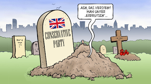 Cartoon: Erdrutsch UK (medium) by Harm Bengen tagged conservative,party,tories,torys,gb,uk,wahlen,grab,friedhof,erdrutsch,harm,bengen,cartoon,karikatur,conservative,party,tories,torys,gb,uk,wahlen,grab,friedhof,erdrutsch,harm,bengen,cartoon,karikatur