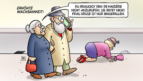 Cartoon: Erhöhte Wachsamkeit (medium) by Harm Bengen tagged erhöhte,wachsamkeit,aufmerksamkeit,demaiziere,anrufenet,beten,hinfallen,terror,islamisten,susemil,mann,harm,bengen,cartoon,karikatur,erhöhte,wachsamkeit,aufmerksamkeit,demaiziere,anrufenet,beten,hinfallen,terror,islamisten,susemil,mann,harm,bengen,cartoon,karikatur