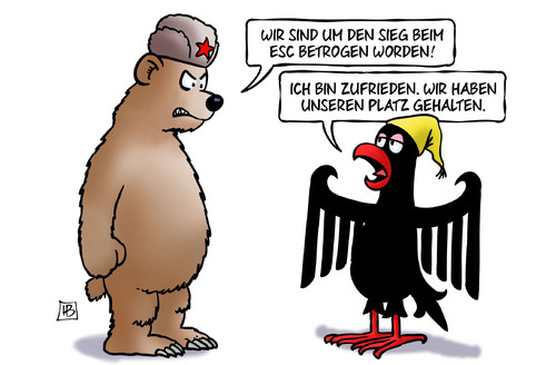 Cartoon: ESC-Ergebnis (medium) by Harm Bengen tagged sieg,betrogen,betrug,russland,baer,deutschland,adler,zufrieden,platz,esc,eurovision,song,contest,musik,stockholm,jamie,lee,harm,bengen,cartoon,karikatur,sieg,betrogen,betrug,russland,baer,deutschland,adler,zufrieden,platz,esc,eurovision,song,contest,musik,stockholm,jamie,lee,harm,bengen,cartoon,karikatur