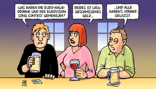 Cartoon: ESC und Euro-Hawk (medium) by Harm Bengen tagged verteidigungsminister,verteidigungsministerium,milliarde,geld,bundeswehr,soldaten,demaiziere,eurohawk,euro,hawk,unbeliebt,europa,deutschland,eurovision,song,contest,esc,harm,bengen,cartoon,karikatur,verteidigungsminister,verteidigungsministerium,milliarde,geld,bundeswehr,soldaten,demaiziere,eurohawk,euro,hawk,unbeliebt,europa,deutschland,eurovision,song,contest,esc,harm,bengen,cartoon,karikatur