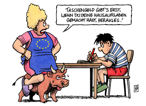 Cartoon: EU-Griechenland (medium) by Harm Bengen tagged eu,griechenland,europa,stier,herakles,hausaufgaben,schulaufgaben,rotstift,schreiben,schulden,staatsdefizit,staatsbankrott,hilfe,ezb,zentralbank,sparen,sparkurs,europa,stier,herakles,schulaufgaben,rotstift,griechenland,schreiben,schulden,staatsdefizit,staatsbankrott,ezb,zentralbank,sparen,sparkurs