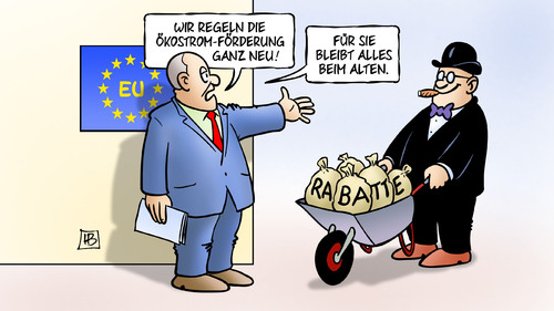 Cartoon: EU-Ökostromförderung (medium) by Harm Bengen tagged ökostromförderung,regeln,neu,kommission,leitlinien,energie,strom,solarenergie,windenergie,eeg,rabatte,industrie,almunia,bruessel,eu,europa,harm,bengen,cartoon,karikatur,ökostromförderung,regeln,neu,kommission,leitlinien,energie,strom,solarenergie,windenergie,eeg,rabatte,industrie,almunia,bruessel,eu,europa,harm,bengen,cartoon,karikatur