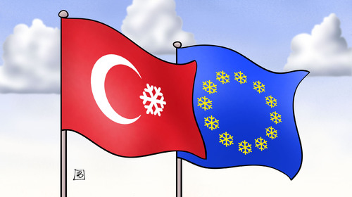 Cartoon: EU-Türkei-Eiszeit (medium) by Harm Bengen tagged eu,europa,türkei,eiszeit,schneeflocke,kristall,fahne,flagge,harm,bengen,cartoon,karikatur,eu,europa,türkei,eiszeit,schneeflocke,kristall,fahne,flagge,harm,bengen,cartoon,karikatur