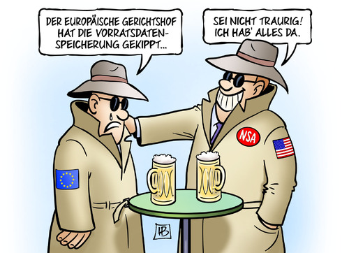 Cartoon: EuGH-Vorratsdatenspeicherung (medium) by Harm Bengen tagged europäischer,gerichtshof,vorratsdatenspeicherung,geheimdienste,bnd,nsa,bier,usa,europa,eu,eugh,gesetz,richtline,telefon,email,daten,harm,bengen,cartoon,karikatur,europäischer,gerichtshof,vorratsdatenspeicherung,geheimdienste,bnd,nsa,bier,usa,europa,eu,eugh,gesetz,richtline,telefon,email,daten,harm,bengen,cartoon,karikatur