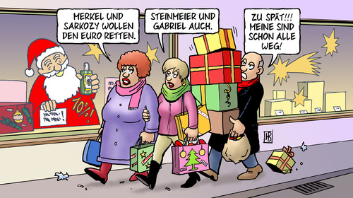 Cartoon: Euro-Retter (medium) by Harm Bengen tagged euroretter,euro,retter,eurokrise,euroschulden,euroschuldenkrise,krise,merkel,sarkozy,steinmeier,gabriel,cdu,spd,weihnachten,einkaufen,geschenke,geld,euroretter,euro,retter,eurokrise,euroschulden,euroschuldenkrise,merkel,sarkozy,steinmeier,gabriel,cdu,spd,weihnachten,einkaufen