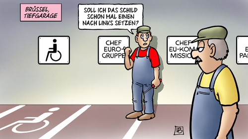 Cartoon: Eurogruppenchef (medium) by Harm Bengen tagged eurogruppenchef,euro,währung,schäuble,juncker,bundesregierung,europa,brüssel,tiefgarage,behindertenparkplatz,parkhaus,eurogruppenchef,euro,währung,schäuble,juncker,bundesregierung,europa,brüssel,tiefgarage