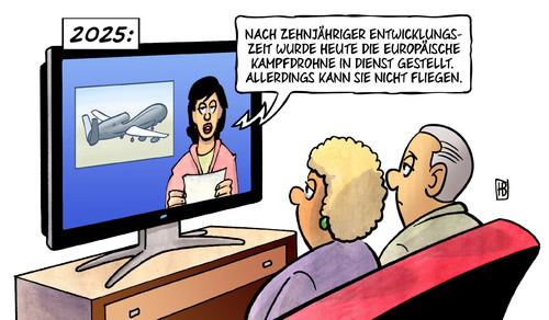 Cartoon: Europäische Drohne (medium) by Harm Bengen tagged tv,nachrichten,zukunft,entwicklungszeit,europäische,kampfdrohne,europa,drohne,dienst,fliegen,militär,deutschland,frankreich,italien,2025,defekt,kaputt,harm,bengen,cartoon,karikatur,tv,nachrichten,zukunft,entwicklungszeit,europäische,kampfdrohne,europa,drohne,dienst,fliegen,militär,deutschland,frankreich,italien,2025,defekt,kaputt,harm,bengen,cartoon,karikatur