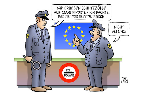 Cartoon: Europäische Schutzzölle (medium) by Harm Bengen tagged europäische,schutzzölle,zoll,grenze,eu,zollbeamter,stahlimporte,protektionistisch,protektionismus,abschottung,harm,bengen,cartoon,karikatur,europäische,schutzzölle,zoll,grenze,eu,zollbeamter,stahlimporte,protektionistisch,protektionismus,abschottung,harm,bengen,cartoon,karikatur