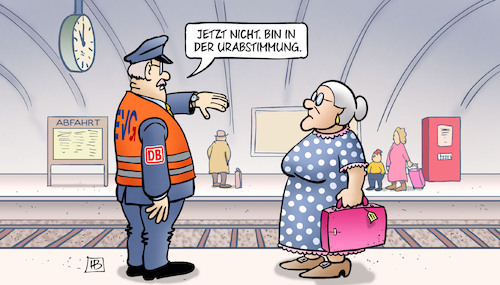 Cartoon: EVG-Urabstimmung (medium) by Harm Bengen tagged uhrabstimmung,evg,urabstimmung,bahn,streik,tarifverhandlungen,bahnhof,susemil,harm,bengen,cartoon,karikatur,uhrabstimmung,evg,urabstimmung,bahn,streik,tarifverhandlungen,bahnhof,susemil,harm,bengen,cartoon,karikatur