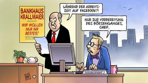 Cartoon: Facebook Börsengang (medium) by Harm Bengen tagged börsengang,facebook,börse,wirtschaft,internet,social,media,soziales,netzwerk,aktien,zuckerberg,bank,lehrling,auszubildender,arbeitszeit,computer,vorbereitung,facebook,börse,daten,werbung,sammeln,dollar,geld,mark zuckerberg,netzwerk,internet,web,online,social network,soziales netzwerk,kommunikation,mark,zuckerberg,social,network,soziales