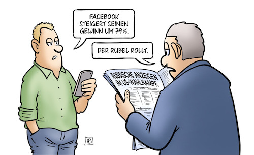 Cartoon: Facebook und Rubel (medium) by Harm Bengen tagged facebook,gewinn,rubel,rollt,zeitung,handy,russland,russische,anzeigen,usa,wahlkampf,einflussnahme,harm,bengen,cartoon,karikatur,facebook,gewinn,rubel,rollt,zeitung,handy,russland,russische,anzeigen,usa,wahlkampf,einflussnahme,harm,bengen,cartoon,karikatur