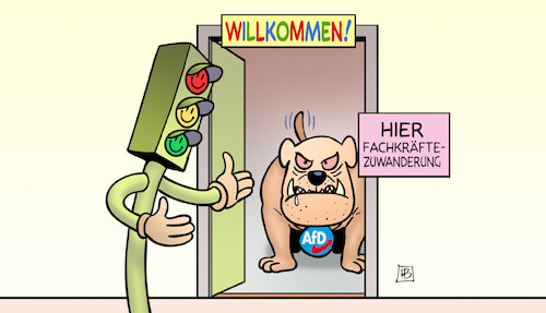 Cartoon: Fachkräfte und AfD (medium) by Harm Bengen tagged willkommen,fachkräfte,zuwanderung,einwanderung,ampel,einladung,afd,hund,harm,bengen,cartoon,karikatur,willkommen,fachkräfte,zuwanderung,einwanderung,ampel,einladung,afd,hund,harm,bengen,cartoon,karikatur