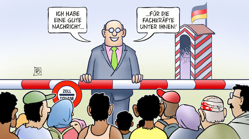 Cartoon: Fachkräfteeinwanderung (medium) by Harm Bengen tagged fachkräfteeinwanderung,gute,nachricht,flüchtlinge,grenze,aslyrecht,harm,bengen,cartoon,karikatur,fachkräfteeinwanderung,gute,nachricht,flüchtlinge,grenze,aslyrecht,harm,bengen,cartoon,karikatur