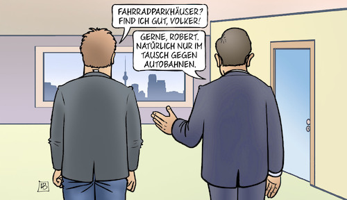 Cartoon: Fahrradparkhäuser (medium) by Harm Bengen tagged fahrradparkhäuser,volker,wissing,verkehrsminister,robert,habeck,wirtschaftsminister,tausch,autobahnen,berlin,fdp,grüne,harm,bengen,cartoon,karikatur,fahrradparkhäuser,volker,wissing,verkehrsminister,robert,habeck,wirtschaftsminister,tausch,autobahnen,berlin,fdp,grüne,harm,bengen,cartoon,karikatur