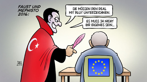 Cartoon: Faust und Mephisto 2016 (medium) by Harm Bengen tagged faust,mephisto,teufel,deal,blut,unterzeichnen,unterschreiben,pakt,tuerkei,visumspflicht,visa,asyl,fluechtlinge,flucht,eu,europa,gipfel,harm,bengen,cartoon,karikatur,faust,mephisto,teufel,deal,blut,unterzeichnen,unterschreiben,pakt,tuerkei,visumspflicht,visa,asyl,fluechtlinge,flucht,eu,europa,gipfel,harm,bengen,cartoon,karikatur