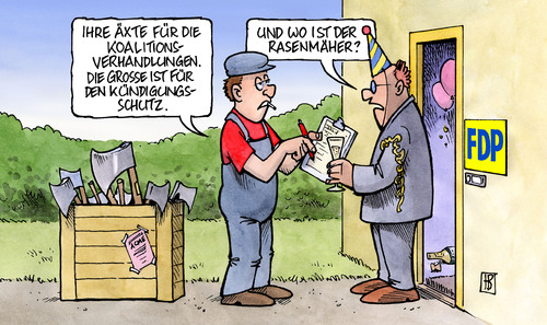 Cartoon: FDP-Äxte (medium) by Harm Bengen tagged fdp,cdu,csu,axt,koalition,koalitionsverhandlungen,kündigungsschutz,rasenmäher,party,wahl,bundestagswahl,champagner,fdp,cdu,csu,axt,koalitionsverhandlungen,kündigungsschutz,rasenmäher,party,bundestagswahl,wahl,champagner